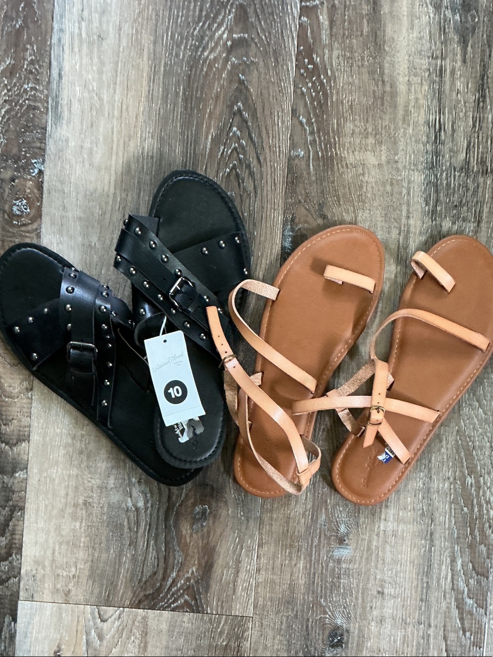 Universal Thread Black Studded Slide & Tan Strappy Sandals